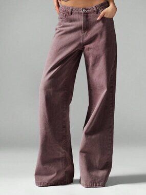 Burgundy Elegant Women's High Waisted Wide Leg Denim Jeans